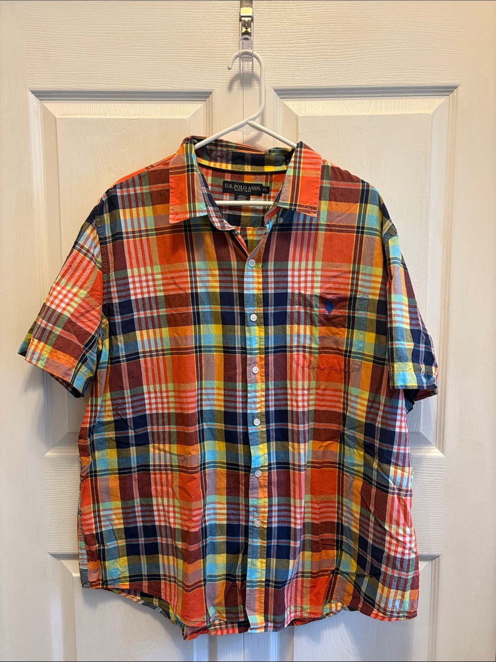 US Polo Assn Mens XXL Short Sleeve Plaid Button Down Shirt Orange Blue Cotton